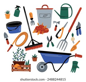 Gardening tools. Agriculture equipment. Garden shovel or rake. Gardener inventory. Planting flowers. Harvest wheelbarrow. Watering can and hose. Seeds cultivation. Garish