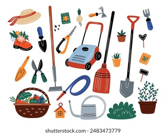 Gardening tools. Agriculture equipment. Lawn mower. Garden shovel or rake. Vegetables basket. Gardener inventory. Watering can. Seeds cultivation. Hose and scoop. Garish