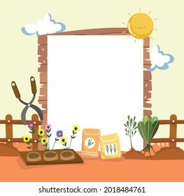 gardening tools and banner cartoon
