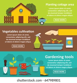 Gardening tools banner horizontal concept set. Flat illustration of 3 gardening tools vector banner horizontal concepts for web