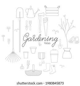 Gardening tools banner outline simple minimalistic flat design vector illustration isolated on white background
