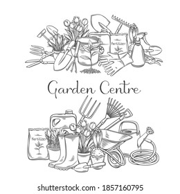 Gardening tools banners vector outline hand drawn monochrome for design garden center. Horticulture equipment, pots flowers, wheelbarrow, watering can, shovel, rake, gloves, etc.