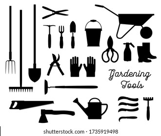 Gardening tools black silhouettes set. Isolated vector gardener planting work accessories garden rake, spade, watering can and bucket, scissors, farmer boots with wheelbarrow and pitchfork, ax and saw