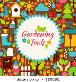 Gardening Tools Brown Poster Postcard. Flat Style Vector Illustration for Nature Seasonal Promotion Template. Colorful Plants and Flowers for Advertising.