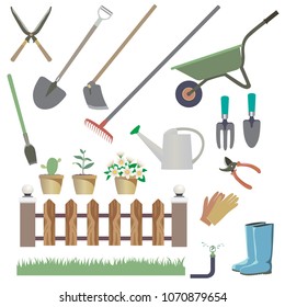 Gardening tools cartoon vector drawn set