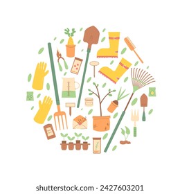 Gardening tools circle composition set isolated on white background. Spring horticulture equipment in round shape. Planting and work in backyard cover. Seeds, shovel and broom. Vector flat