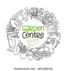 Gardening tools circle frame with lettering, vector hand drawn outline illustration isolated on white for wrapping design. Flowers, wheelbarrow, watering can, shovel, gloves, round monochrome border.