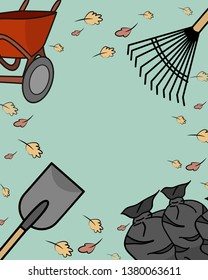 Gardening Tools For Cleaning Up A Yard. Frame. Vector Graphic.