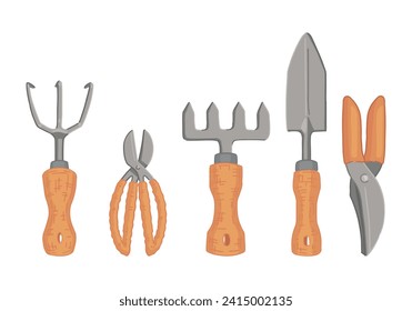 Gardening tools collection. Doodles set of cultivator, secateurs, rake, hand spade, scissors. Vector illustration in cartoon style isolated on white.