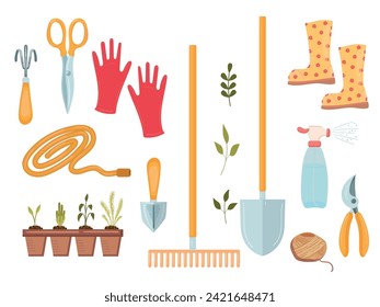 Gardening tools collection, gardening and farming equipment icon drawings, pruning shears, hose, rubber gloves, seedlings, gardening tools set, isolated color clipart on white background