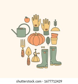 Gardening tools collection. Minimalist style. Agricultural work. Garden tool set. Vector illustration