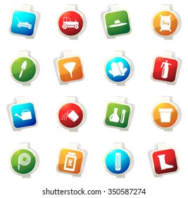 Gardening tools collection stickers label icon set