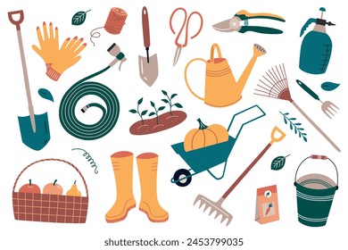 Gardening tools collection, trowel, scissors and shovel icons, vector illustrations of wheelbarrow and bucket in farm, agriculture equipment, instruments for planting and farming, rake and hose doodle