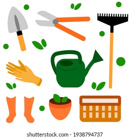 Kollektion von Gartenwerkzeugen Vektorgrafik-Flach-Symbol Satz bunte Illustrationsinstrumente Schaukeltränke Blumentopf  