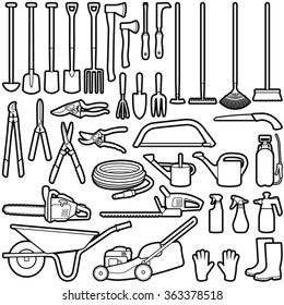Gardening tools collection - vector line illustration