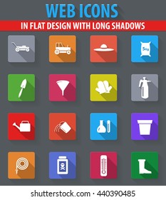 Gardening tools collection web icons in flat design with long shadows