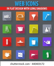 Gardening tools collection web icons in flat design with long shadows
