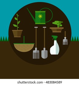 Gardening tools collection web icons in flat design.