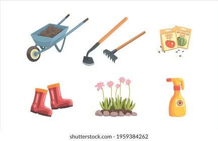 Gardening Tools Collection, Wheelbarrow, Sprayer Bottle, Rake, Hoe, Rubber Boots Cartoon Vector Illustration