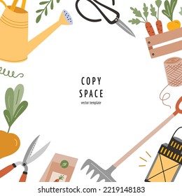Gardening tools composition, square template with copy space, vector arrangement with secateurs, watering can, seeds, agriculture items layout, good for card, poster design