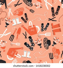 gardening tools with coral-peach background -  vector seamless pattern - Great for wallpaper,backgrounds,gifs,surface pattern design,packaging design projects, stationary,fabric