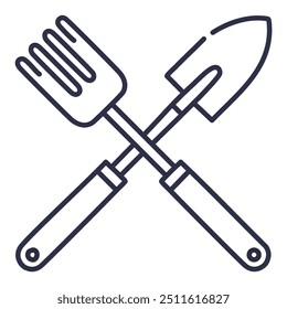 Gardening tools crossed. Simple outline icon of a gardening trowel and hand rake crossed over each other.