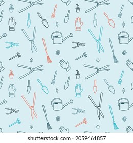 Gardening tools doodle seamless pattern. Garden hobby vector texture illustration.