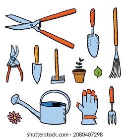 Gardening Tools Doodle Style Illustration. Garden Hobby Equipment Isolated Vector Object Set.