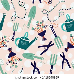 gardening tools with dot pink background -  vector seamless pattern - Great for wallpaper,backgrounds,gifs,surface pattern design,packaging design projects, stationary,fabric