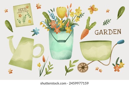 Gardening tools element and spring flowers illustration