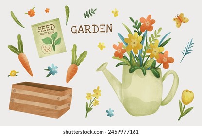 Gardening tools element and spring flowers illustration