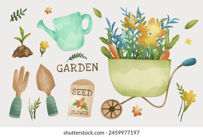 Elemento de herramientas de jardinería e ilustración de flores de primavera