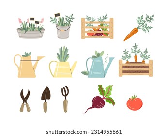 Herramientas y elementos de jardinería. Equipamiento de jardinería, pala, horquilla, cizalladura de jardín, plantas, latas de agua, hierba, verduras, caja de huerto de madera, zanahoria, tomate, remolacha. Juego de vectores planos de jardinería.