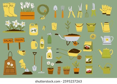 Gardening tools and equipment collection for outdoor plant care and maintenance.