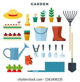 Gardening tools and equipment, flat icons set. Elements for working in the garden: bucket, rake, seedlings, boots, hat, gloves, secateurs, seeds, shovel, watering can. Vector illustration.