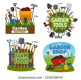 Gardening tools and equipment isolated posters. Garden shop items shovel, spade, rake and pruner, trowel and fork, scissors, pitchfork. Wheelbarrow, cart with soil, agricultural farming tools vector