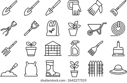 Gardening tools and equipment line art icon set illustration