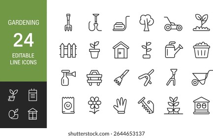 Gardening tools and equipment line icons isolated on white background