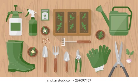 Gardening tools and equipment on a wooden table top view with seeds and sprouts growing