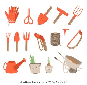 Gardening tools, equipments set in hand drawn style. Watering can, gloves, pruner, scissors, hedge, shears, fork, rake, wheelbarrow. Trendy doodle style. Flat vector illustration isolated