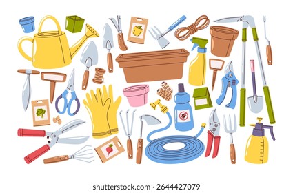 Gardening tools and farm equipment hand drawn design elements set isolated on white background