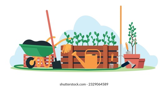 Gardening tools. Farming instruments. Wooden box with seedlings. Plants cultivation. Wheelbarrow and bucket. Agriculture cultivating. Shovel and pitchfork. Watering hose