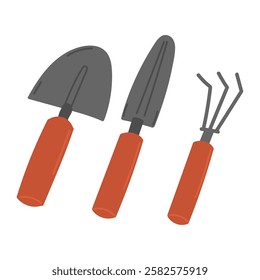 Gardening tools in flat cartoon design. Hand rake, shovel and trowel for domestic greenhouse or garden work. Agriculture, horticulture and farming instruments. Vector illustration