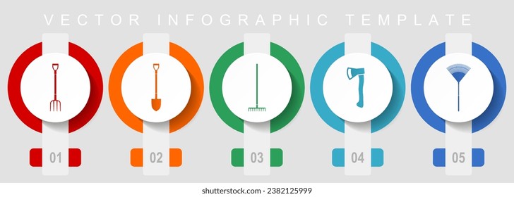 Gardening tools flat design icon set, miscellaneous icons such as fork, shovel, axe and rake, vector infographic template, web buttons collection