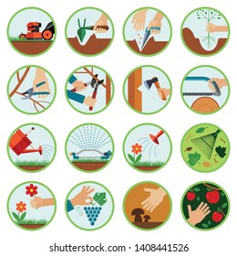 Gardening tools. Flat icon set presenting gardening.Set of various icons presenting different kind of work and usage of tools in gardening, lawn cultivation and in orchard.