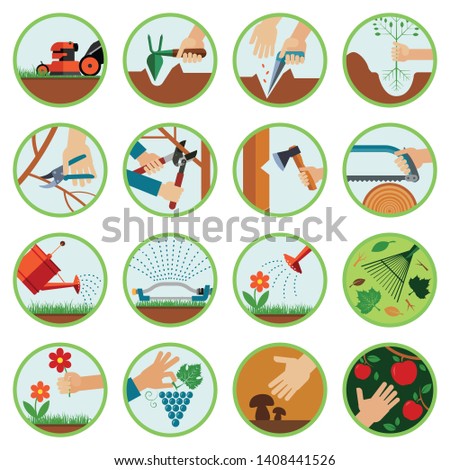 Gardening tools. Flat icon set presenting gardening.Set of various icons presenting different kind of work and usage of tools in gardening, lawn cultivation and in orchard.