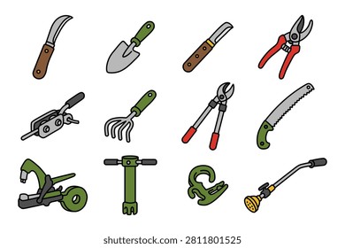 Gardening tools flat style icon design set for landscaping and farming. Horticulture equipment color illustration element graphic pack for backyard and cultivation