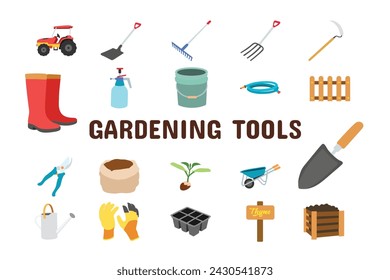 Gardening Tools Flat Vector Illustration Icon Sticker Set Design Materials