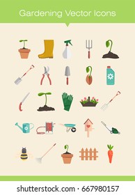 Gardening tools flat vector illustration icons set