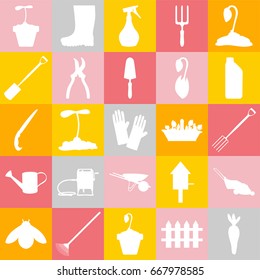 Gardening tools flat vector silhouette illustration icons set